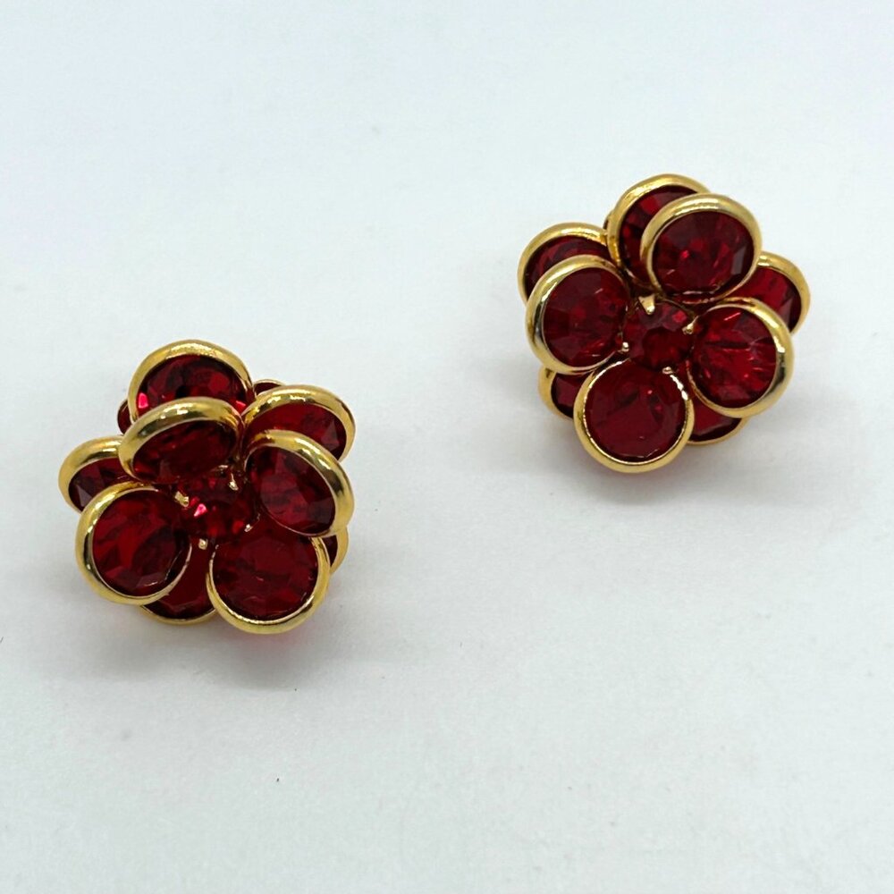 Vintage Ruby Red Flower Stud Earrings with Crystals Gold-Tone Made in the USA.